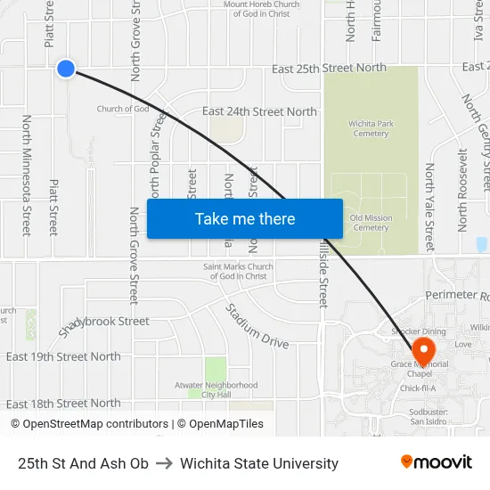 25th St And Ash Ob to Wichita State University map