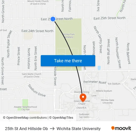 25th St And Hillside Ob to Wichita State University map