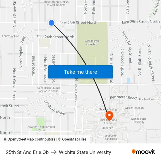 25th St And Erie Ob to Wichita State University map