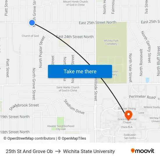 25th St And Grove Ob to Wichita State University map