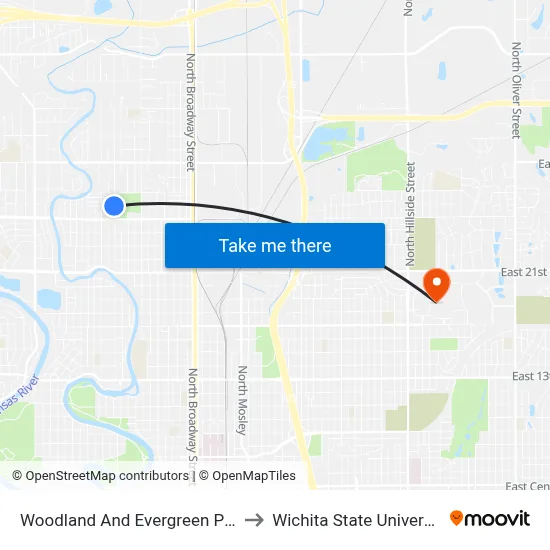 Woodland And Evergreen Park to Wichita State University map