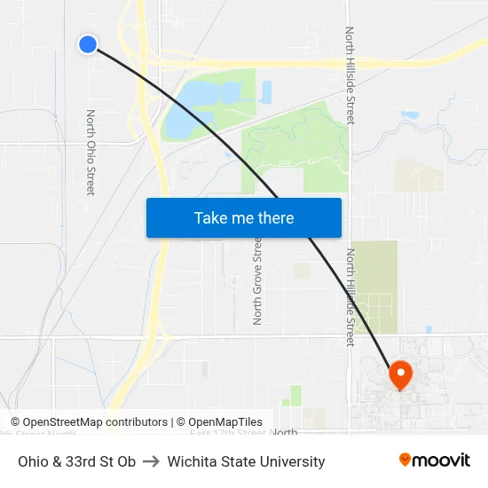Ohio & 33rd St Ob to Wichita State University map