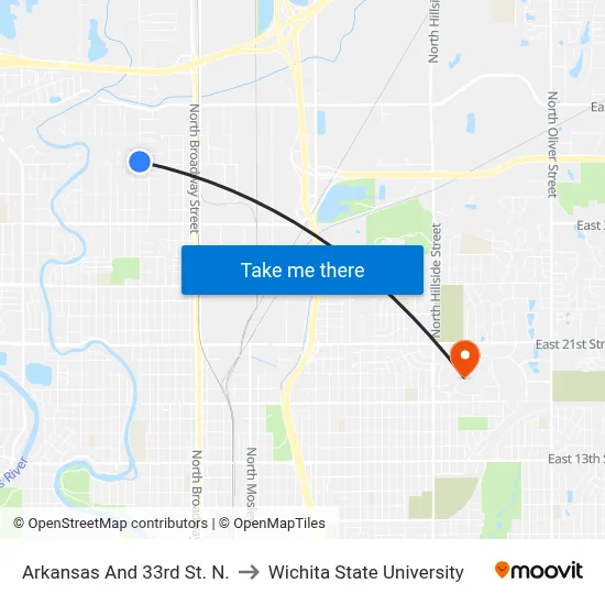 Arkansas And 33rd St. N. to Wichita State University map