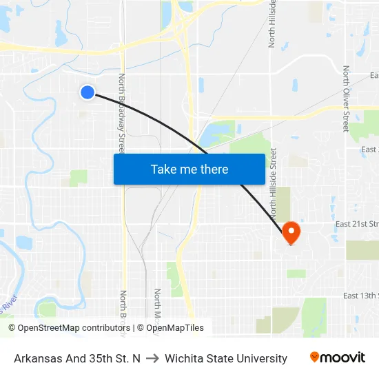 Arkansas And 35th St. N to Wichita State University map