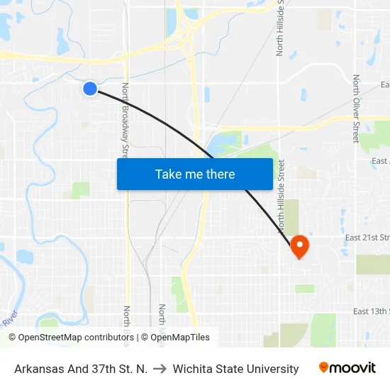 Arkansas And 37th St. N. to Wichita State University map