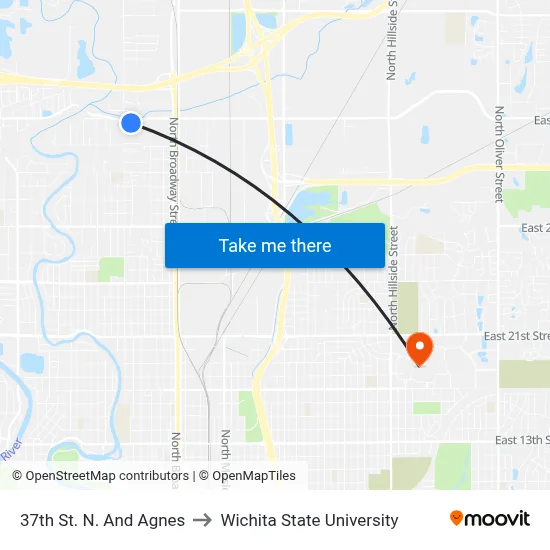 37th St. N. And Agnes to Wichita State University map
