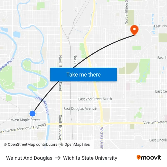 Walnut And Douglas to Wichita State University map