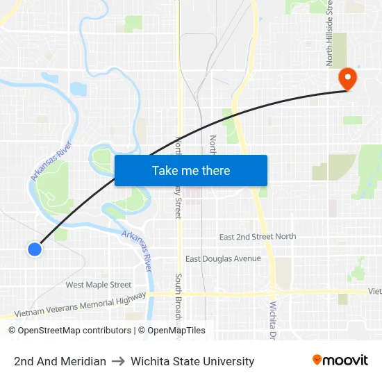 2nd And Meridian to Wichita State University map