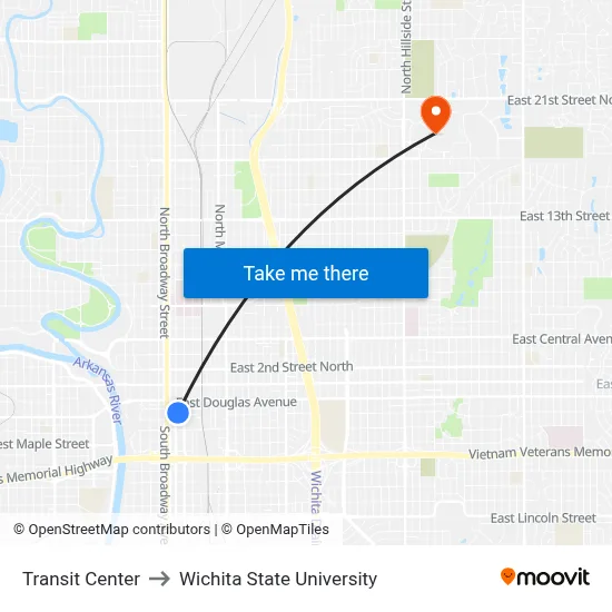 Transit Center to Wichita State University map