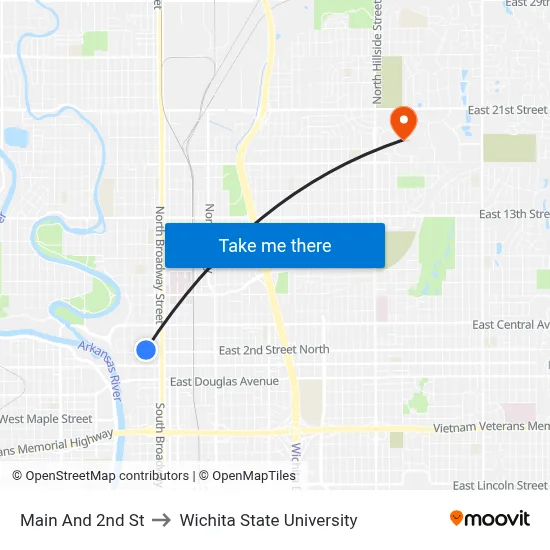 Main And 2nd St to Wichita State University map