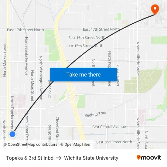 Topeka & 3rd St Inbd to Wichita State University map
