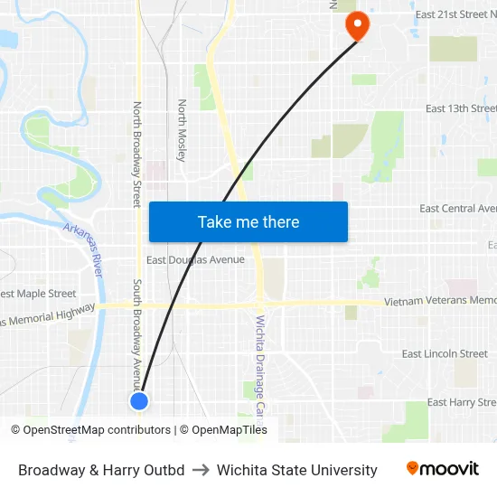 Broadway & Harry Outbd to Wichita State University map