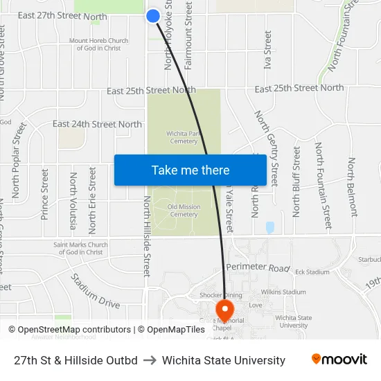 27th St & Hillside  Outbd to Wichita State University map