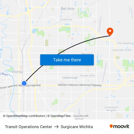 Transit Operations Center to Surgicare Wichita map