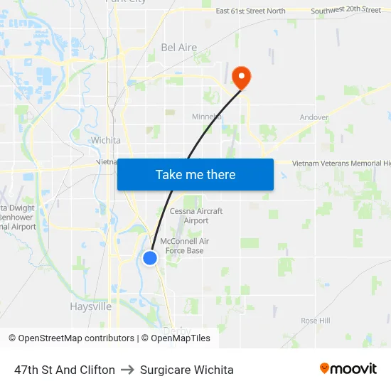 47th St And Clifton to Surgicare Wichita map