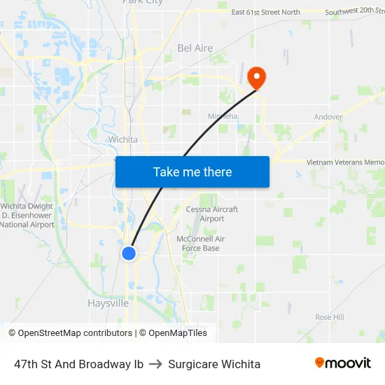 47th St And Broadway Ib to Surgicare Wichita map