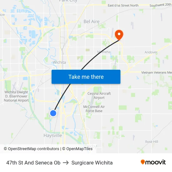 47th St And Seneca Ob to Surgicare Wichita map