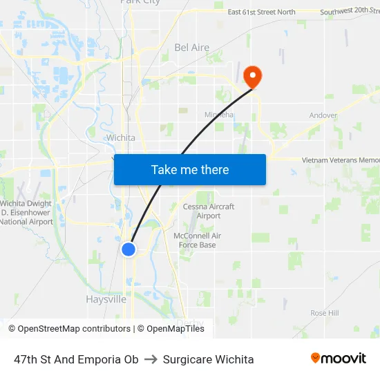 47th St And Emporia Ob to Surgicare Wichita map