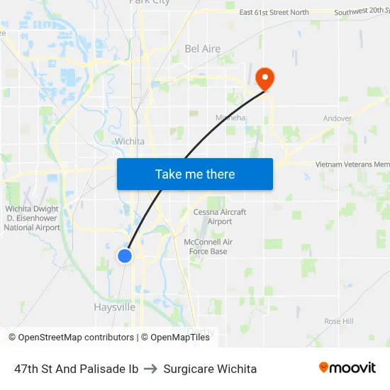 47th St And Palisade Ib to Surgicare Wichita map