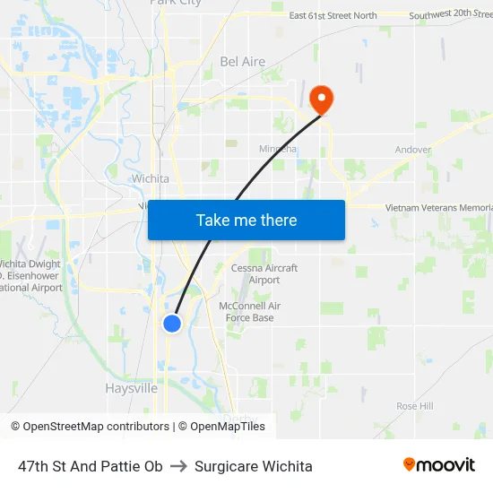 47th St And Pattie Ob to Surgicare Wichita map