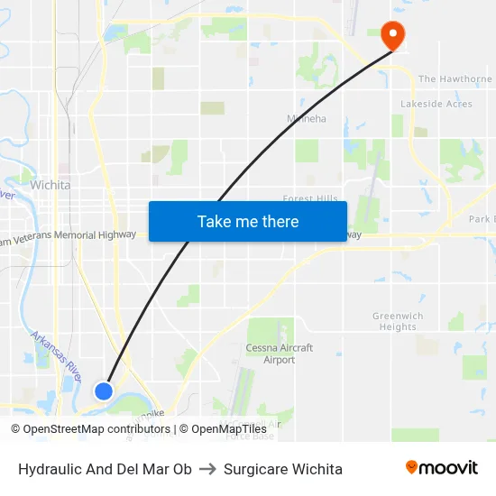 Hydraulic And Del Mar Ob to Surgicare Wichita map