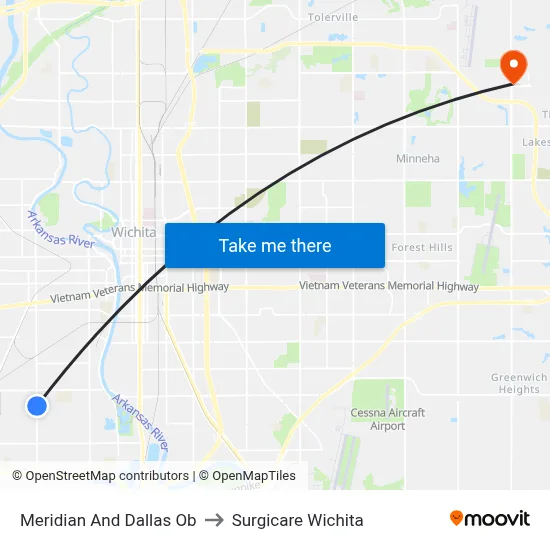 Meridian And Dallas Ob to Surgicare Wichita map