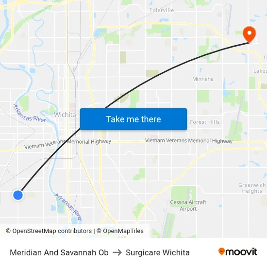 Meridian And Savannah Ob to Surgicare Wichita map