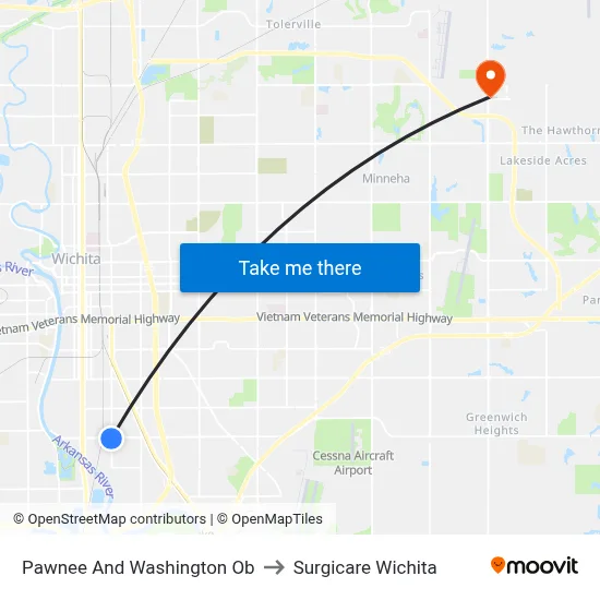 Pawnee And Washington Ob to Surgicare Wichita map