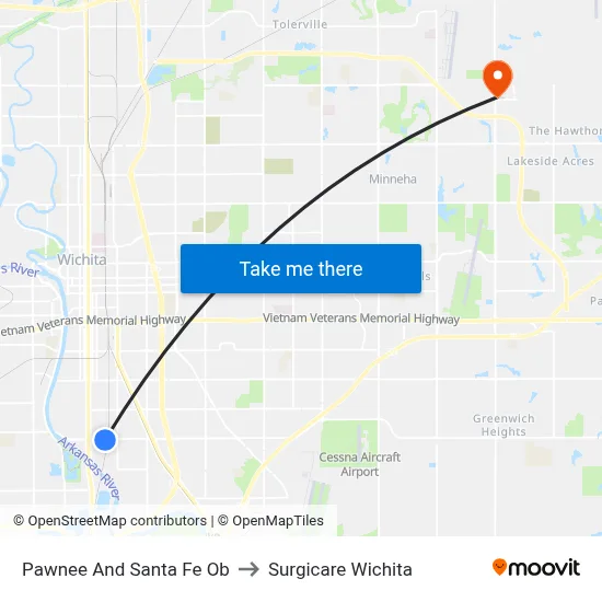 Pawnee And Santa Fe Ob to Surgicare Wichita map