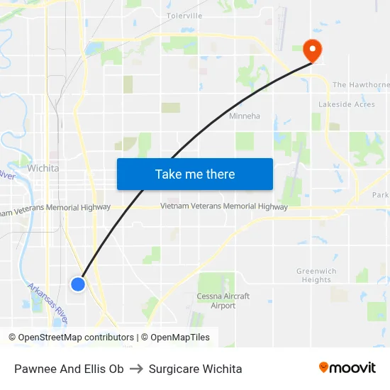 Pawnee And Ellis Ob to Surgicare Wichita map