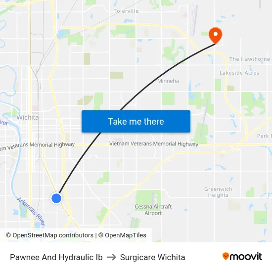 Pawnee And Hydraulic Ib to Surgicare Wichita map