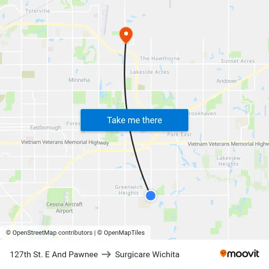 127th St. E And Pawnee to Surgicare Wichita map