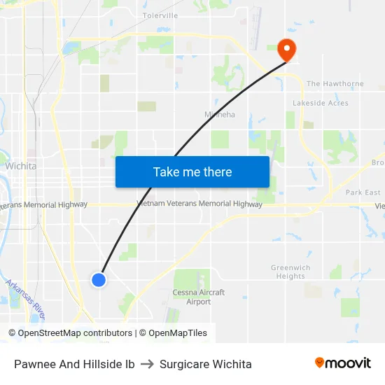 Pawnee And Hillside Ib to Surgicare Wichita map