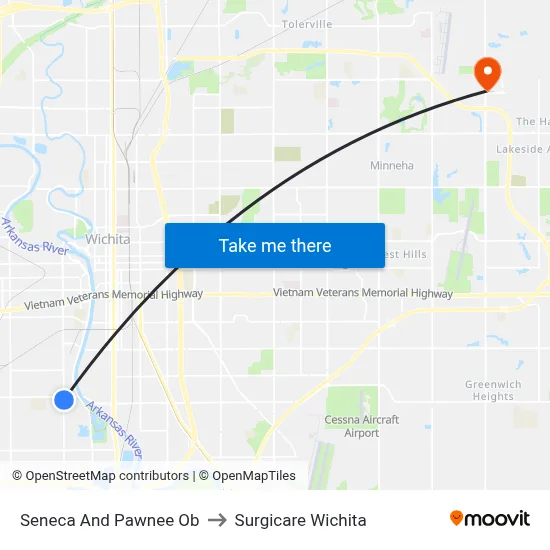 Seneca And Pawnee Ob to Surgicare Wichita map