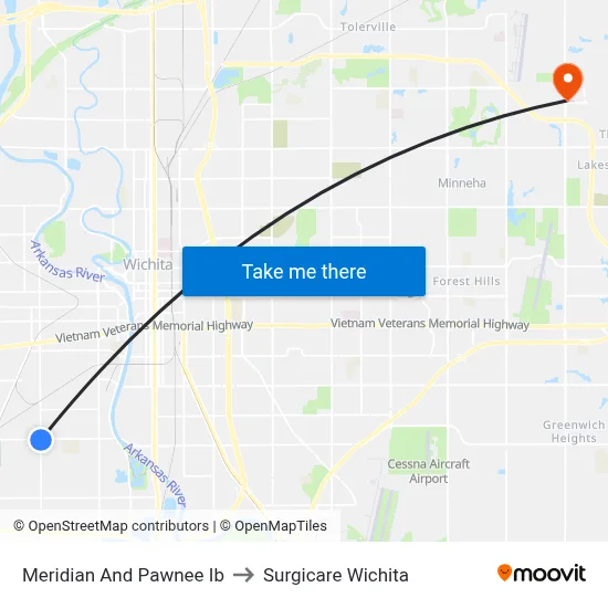 Meridian And Pawnee Ib to Surgicare Wichita map