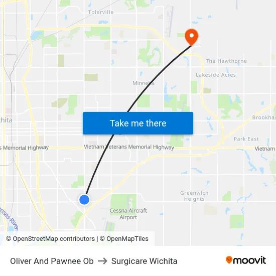 Oliver And Pawnee Ob to Surgicare Wichita map