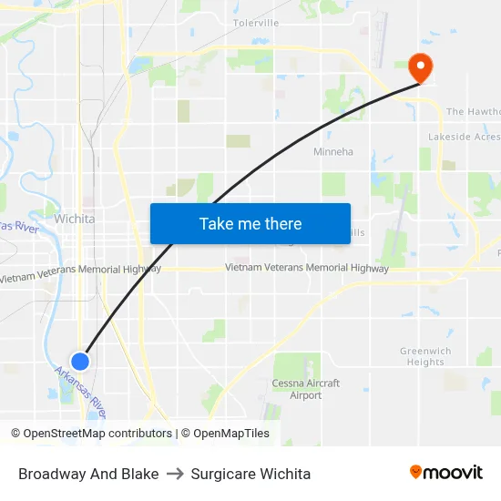 Broadway And Blake to Surgicare Wichita map