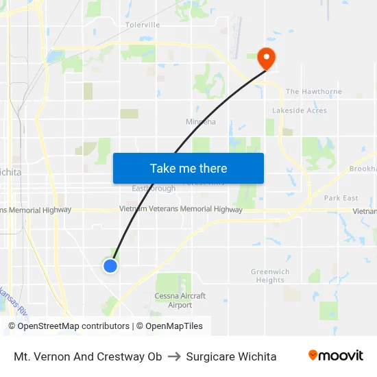 Mt. Vernon And Crestway Ob to Surgicare Wichita map