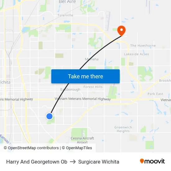 Harry And Georgetown Ob to Surgicare Wichita map
