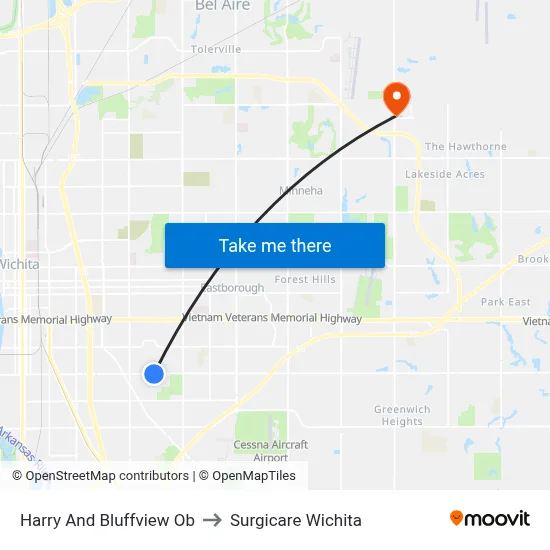 Harry And Bluffview Ob to Surgicare Wichita map
