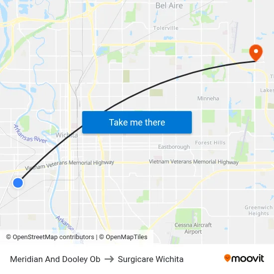 Meridian And Dooley Ob to Surgicare Wichita map