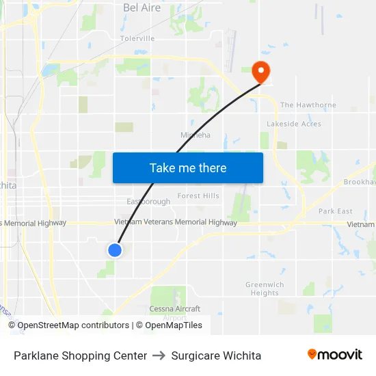 Parklane Shopping Center to Surgicare Wichita map