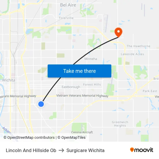 Lincoln And Hillside Ob to Surgicare Wichita map