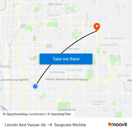 Lincoln And Vassar Ob to Surgicare Wichita map
