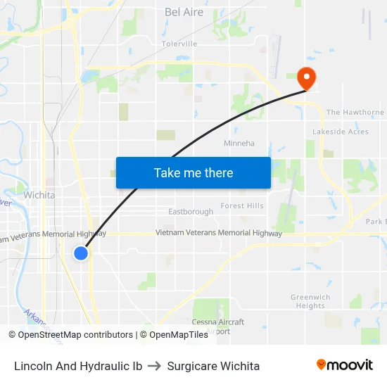 Lincoln And Hydraulic  Ib to Surgicare Wichita map