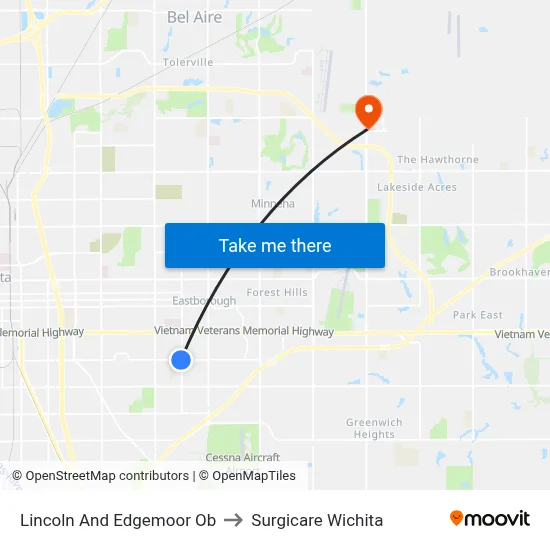 Lincoln And Edgemoor Ob to Surgicare Wichita map
