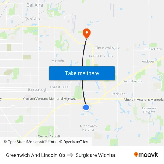 Greenwich And Lincoln Ob to Surgicare Wichita map