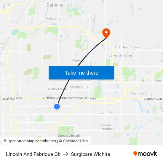 Lincoln And Fabrique Ob to Surgicare Wichita map