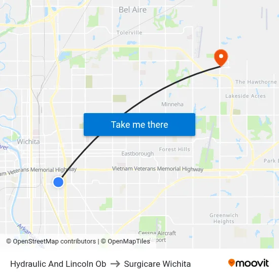 Hydraulic And Lincoln Ob to Surgicare Wichita map