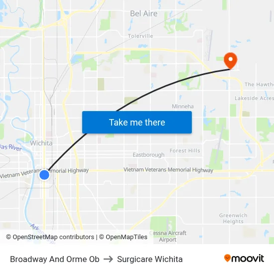 Broadway And Orme Ob to Surgicare Wichita map
